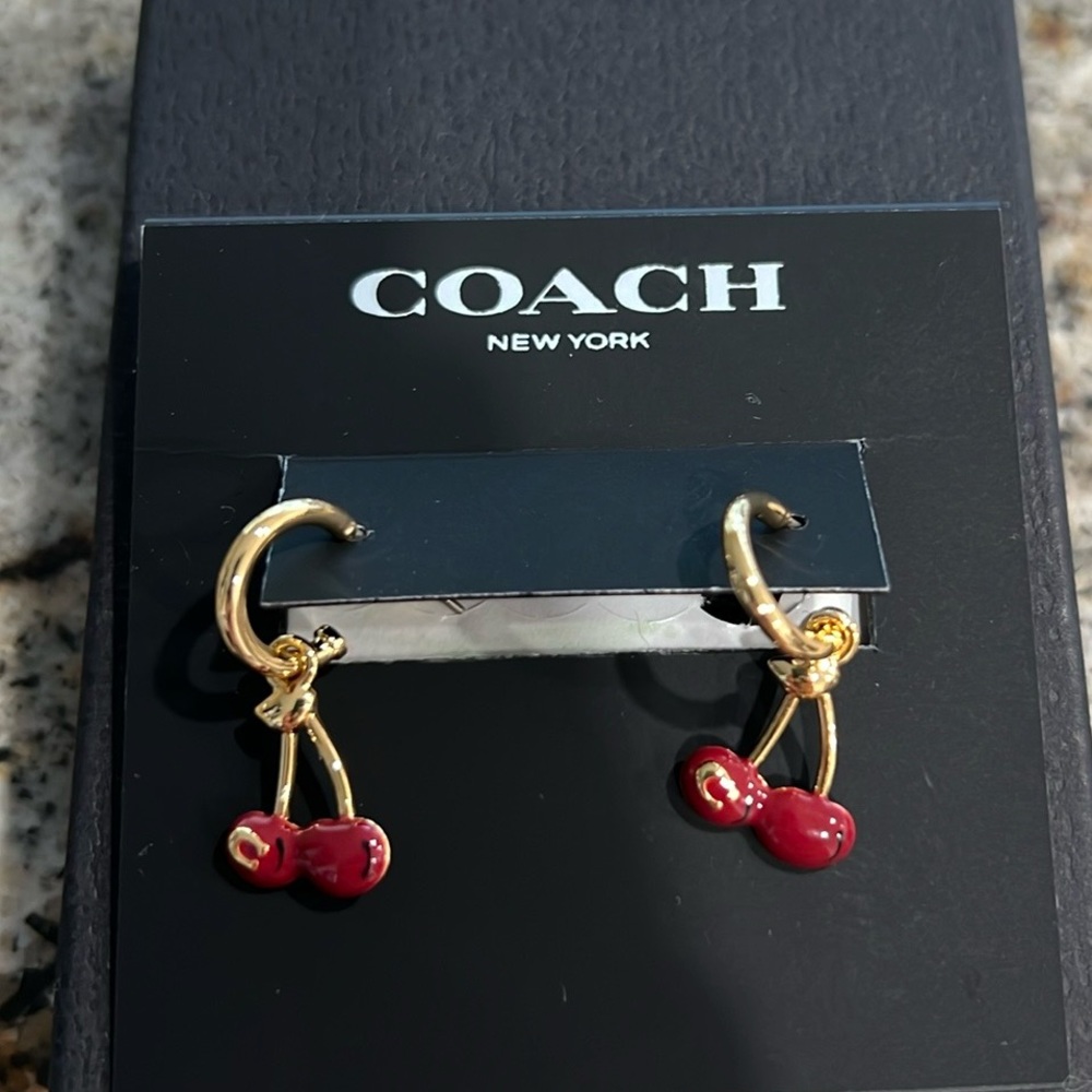 Coach cherry charm huggie hoop earrings